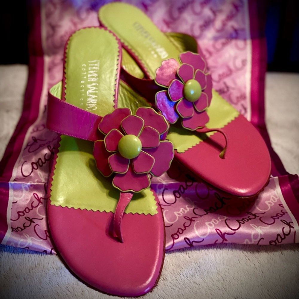 🌸 STEVEN SALARIO Pink & Lime Green Slide Heeled Sandal In Size 8.5 🌸
